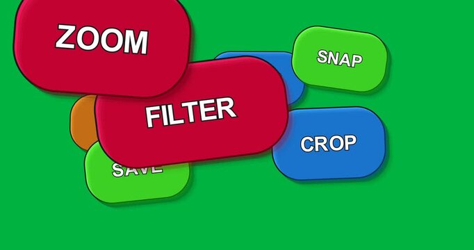 Frames ending, buttons sliding, zooming, receding, forming compact menu on transparent background