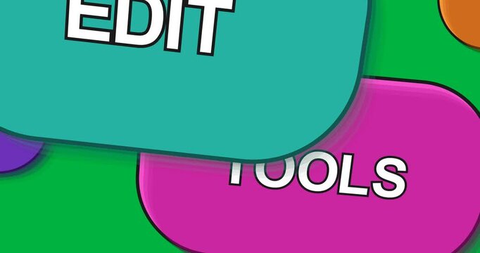 Frame1 starting EDIT sliding from right, revealing TOOLS, forming title card on transparent canvas