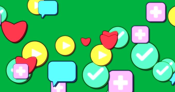 Icons entering from edges forming neon cluster and stacking on transparent bg showing UI alerts