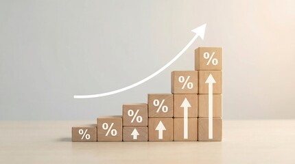 Increasing percentage growth concept with wooden blocks stacked showing rising interest rates or profit margins over time