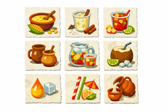 Salvadoran traditional drinks icons in torn vector texture style