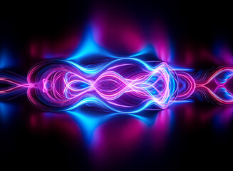 Vibrant blue and pink light trails create a symmetrical, dynamic flow against a dark backdrop. Luminous waves converge centrally, radiating a sense of energy and modern digital abstraction.