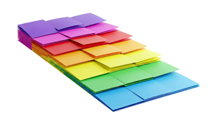 Rainbow-colored square paper sheets stacked in a gradient