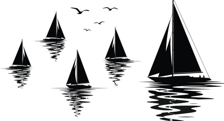 Five sailing yachts black silhouettes on the water with reflections and flying birds, detailed vector illustration for nautical themes, ocean adventure, and travel background. © Shoentesh