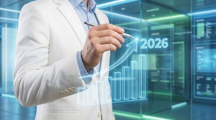 Medical professional analyzing futuristic digital growth chart with rising bar graph and 2026 target year