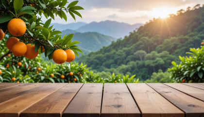 Rustic wooden tabletop in orange garden background for product display.
