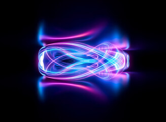 Abstract glowing energy trails of blue and pink hues create a dynamic and vibrant luminous pattern against a dark backdrop.
