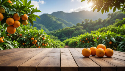 Rustic wooden tabletop in orange garden background for product display.