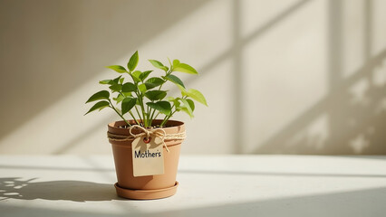 Fototapeta premium Small Potted Green Plant with Mother's Gift Tag in Sunny Interior, Growth Concept