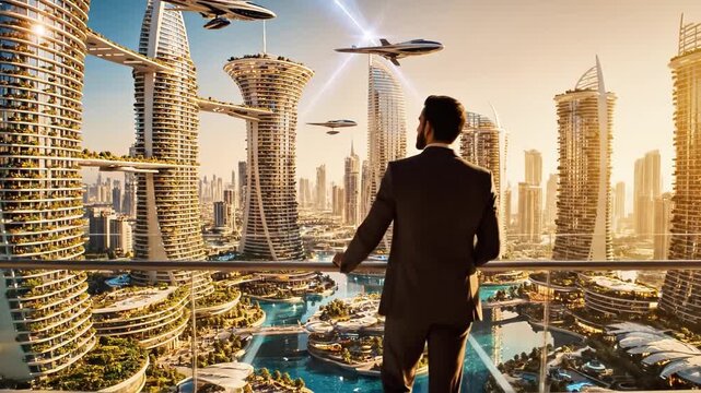 A man in a suit stands on a rooftop, gazing out at a futuristic cityscape with sleek skyscrapers and flying vehicles zipping by