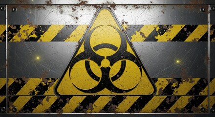 Biohazard warning industrial sign with yellow hazard symbol on metal surface for safety alert and contamination concept.