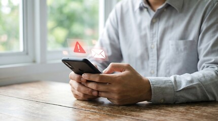 Person in casual clothing using smartphone with warning notification alert on screen while sitting indoors near window