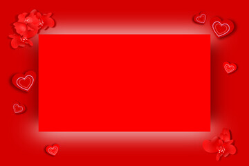 Elegant valentine's frame card copy space banner decorated with heart and flower on red background.