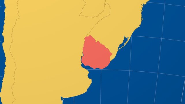 Uruguay on Globe. Animated zoom into the country in Ocean Blue Golden Yellow color palette. Uruguay logo animation. Map with meridians, parallels. Vibrant video.
