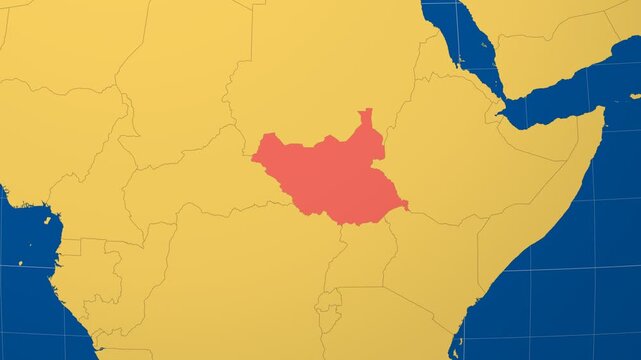 South Sudan on Globe. Animated zoom into the country in Ocean Blue Golden Yellow color palette. South Sudan logo animation. Map with meridians, parallels. Elegant video.