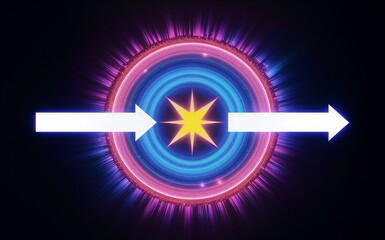 Neon arrows converge on glowing circular hub, vibrant colors radiate against dark background.