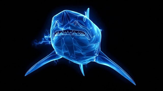 Glowing blue shark illustration on black background, showcasing intricate details and electric effects