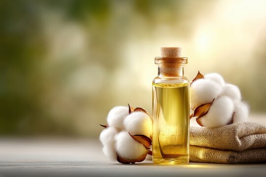 Cotton oil and balls bottle of cotton oil with cotton balls essential for personal care and various applications