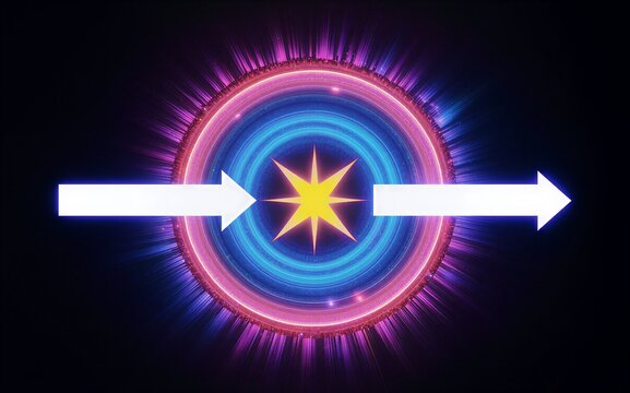 Neon arrows converge on glowing circular hub, vibrant colors radiate against dark background. - Powered by Adobe