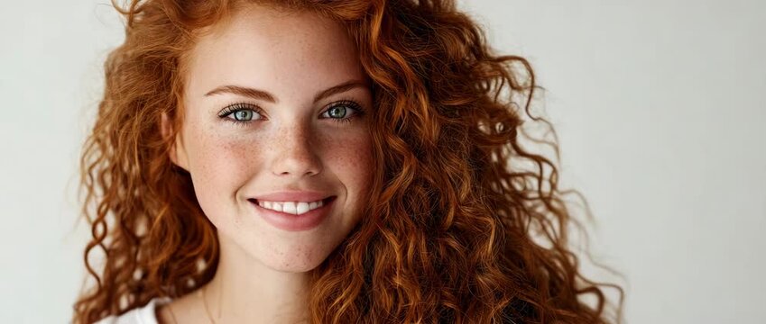 Beautiful ginger girl with natural freckled skin laughing, authentic beauty concept.