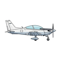 Modern light aircraft, side view, white and grey color scheme, isolated on white background