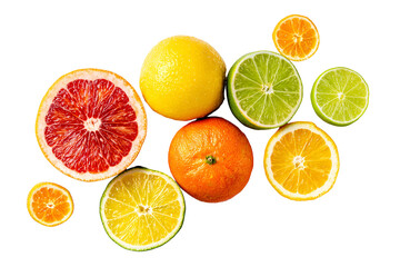 Fototapeta premium Assorted citrus fruits including oranges, lemons, and limes isolated on transparent background