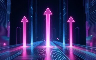 Three glowing pink arrows rise from digital circuitry, symbolizing forward progress in tech.