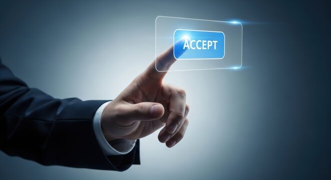 Finger pressing digital accept button on a futuristic screen over dark background - Powered by Adobe