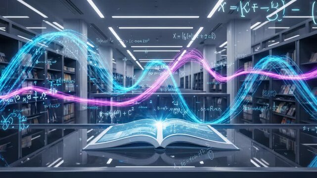 Futuristic Open Book with Digital Waves and Math Formulas in a Modern Library