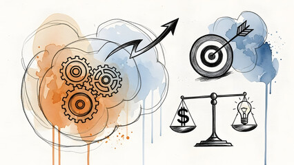 Business strategy and innovation concept with gears, target, and balance