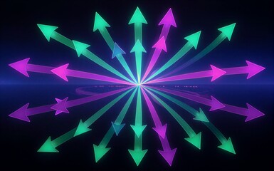 Neon arrows radiate outward, vibrant colors burst from center against dark background.