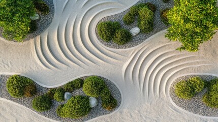 Serene Garden Landscape with Sand Patterns and Green Foliage