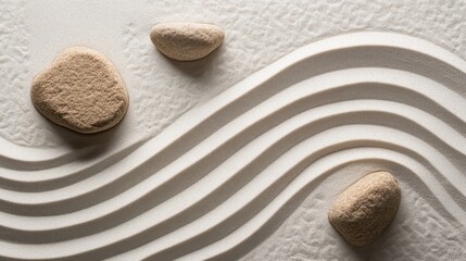 Serene Sand Design with Brown Stones and Gentle Curved Lines