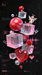 Valentine's Day Romantic Ad Poster, featuring heart, rose, lipstick, champagne, heart lock and cyber cubes sphere love decorations