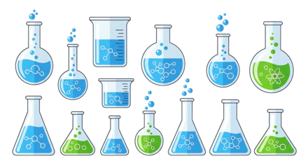 Laboratory Glassware Set with Blue and Green Liquid