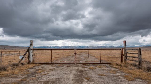 Restricted Access Gate at Livestock Facility Under Dark Cloudy Sky