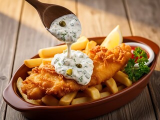 Classic fish and chips with tartar sauce