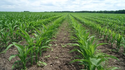 Naklejka premium Young Crops Growing Evenly in Rows on Farmland Under a Bright Sky