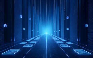 Futuristic blue digital corridor, glowing lines converge toward bright light at center.