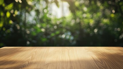 Natural Wooden Table Surface with Soft Sunlight in Greenery Background