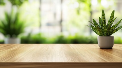 Wooden Table with Potted Plant and Lively Green Background