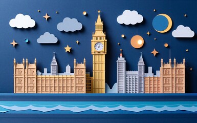 Paper-cut London skyline at night, stars, clouds, Big Ben and Parliament under moonlit sky.