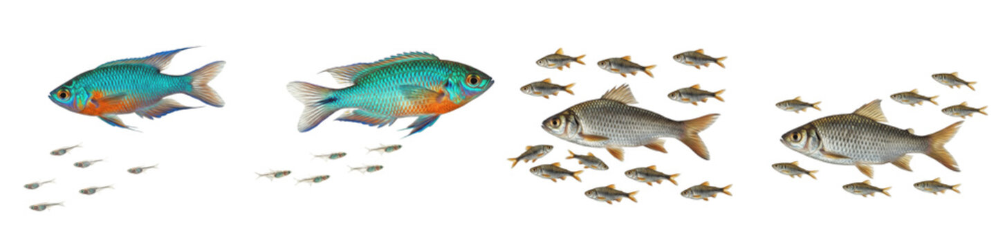 Collection of Colorful Tropical Fish School and Shoal, Aquatic Life Set Isolated on White Transparent PNG Background