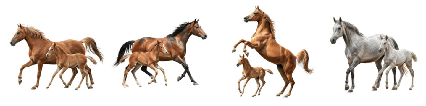 Collection of Realistic Horse with Cute Foal Standing Together, Farm Animal Mother and Child Bonding, Rural Livestock Family Concept isolated on white transparent PNG background