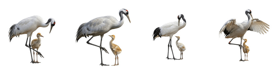 Obraz premium Set of Crane and Chick Wildlife Family Bond Illustration Showing Adult Crane with Baby Chick, Bird Parenting Concept isolated on white transparent PNG background