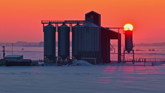 Smooth drone dolly shot of industrial grain elevators and storage silos against a glowing golden sunrise in a snowy Latvian winter landscape