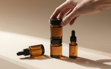 Hand stacks amber glass dropper bottles on neutral background, soft light highlights.