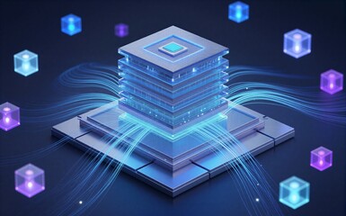 Futuristic server tower connected to glowing data cubes via digital streams in dark space.