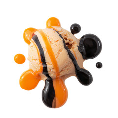 Vanilla Ice Cream Food Photography with Caramel Sauce Chocolate Drizzle Nuts and Citrus Decor png