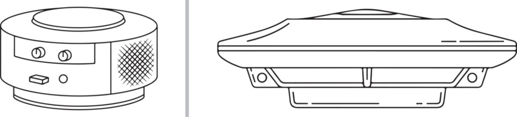 Technical line-art vectors of electronic devices: a cylindrical smart speaker or sensor with control buttons and a wide, low-profile industrial ceiling sensor or network hub.